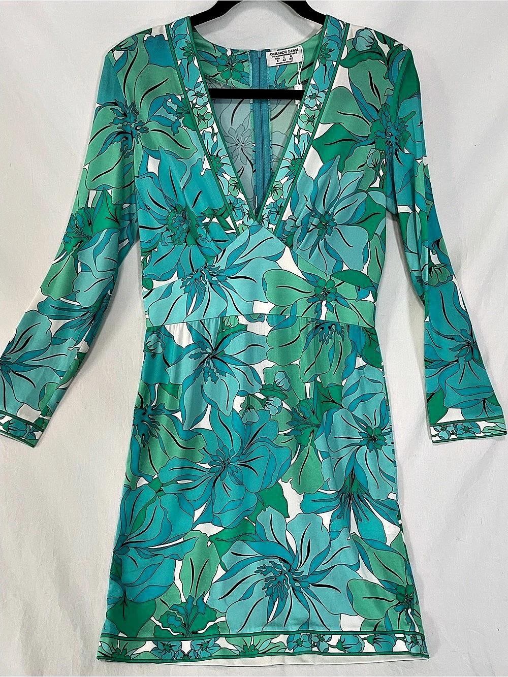 Averardo Bessi Italy Psychedelic Floral Mini Dress Deep V-Neck Vintage Y2K, Sz 8